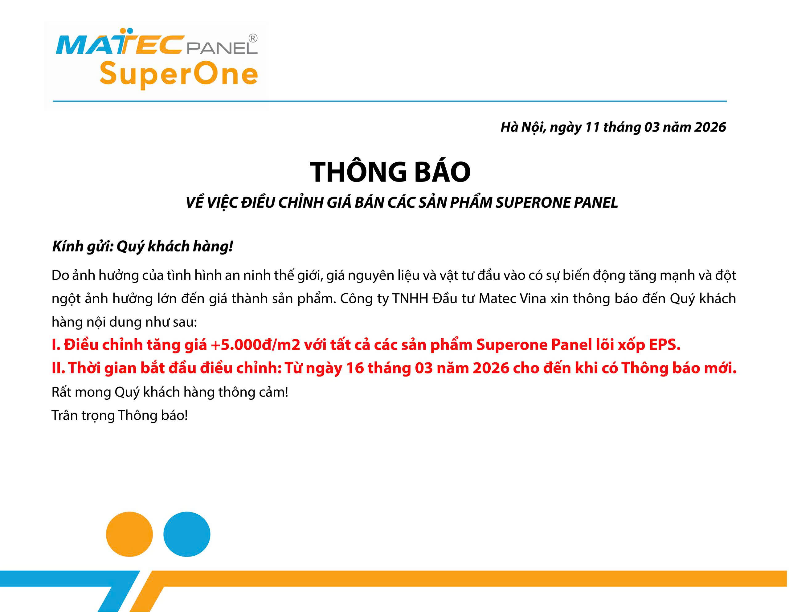 THÔNG BÁO ĐIỀU CHỈNH GIÁ BÁN SẢN PHẨM SUPERONE PANEL